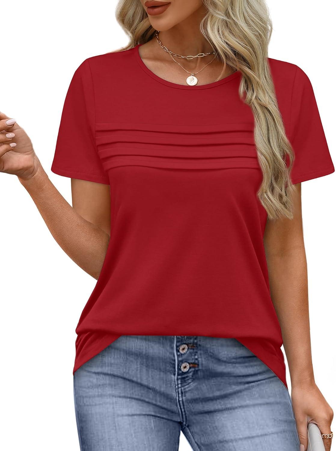 imageXIEERDUO Womens Pleated Tops Dressy Casual Short Sleeve Shirts Fashion Blouses Loose Curved Hem Long Tunic S3XLRed
