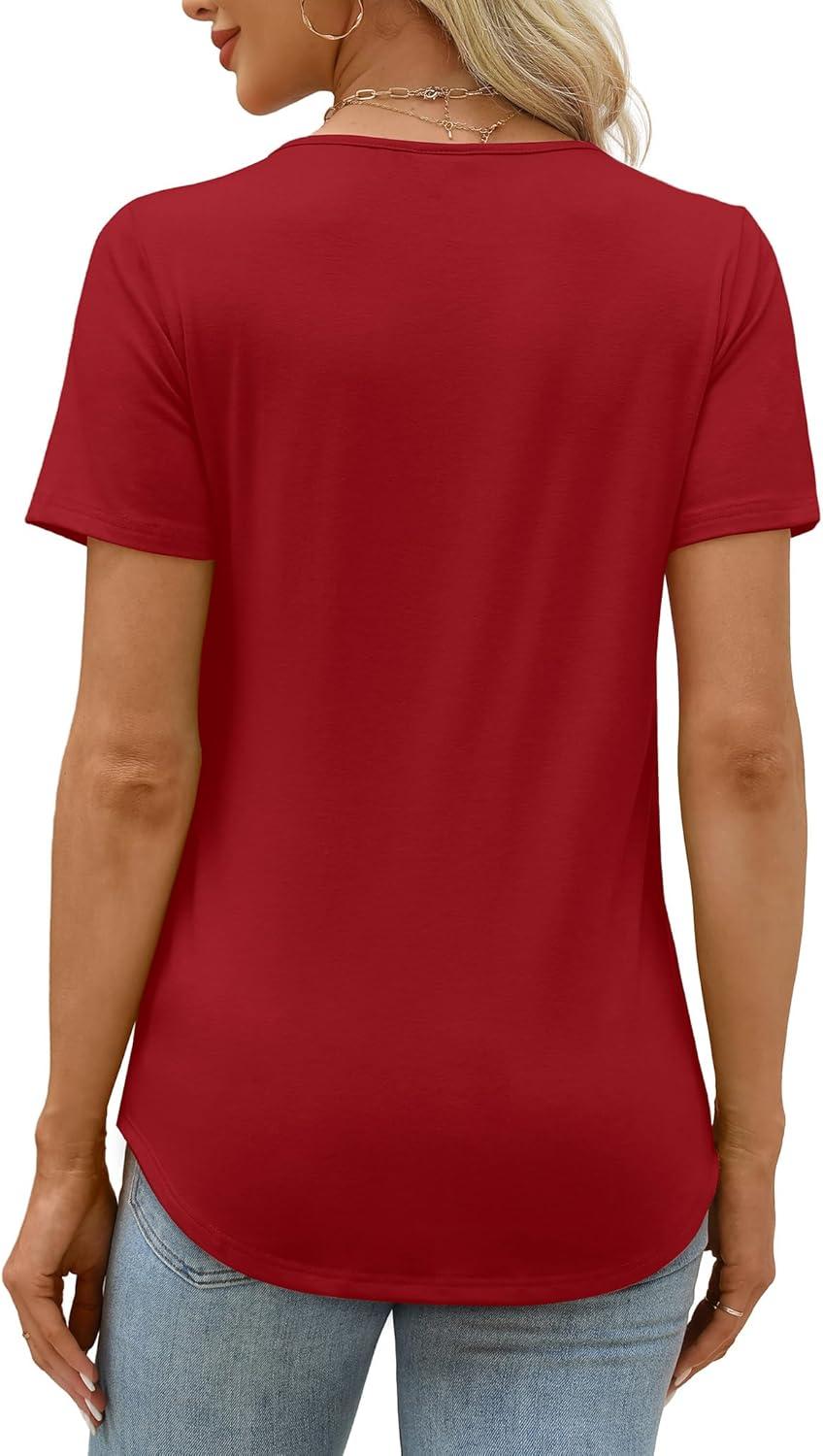 imageXIEERDUO Womens Pleated Tops Dressy Casual Short Sleeve Shirts Fashion Blouses Loose Curved Hem Long Tunic S3XLRed