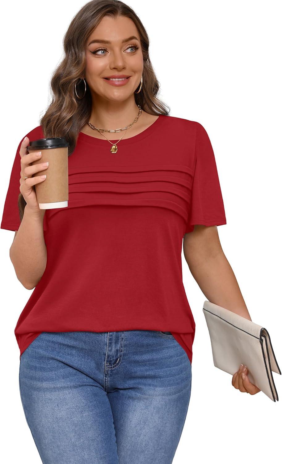 imageXIEERDUO Womens Pleated Tops Dressy Casual Short Sleeve Shirts Fashion Blouses Loose Curved Hem Long Tunic S3XLRed