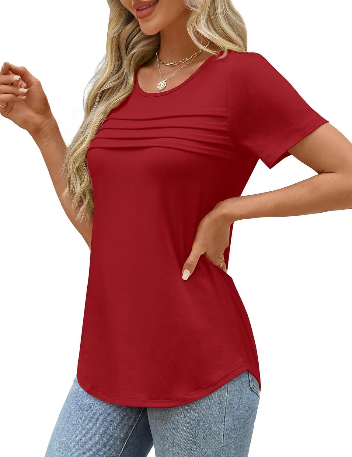 imageXIEERDUO Womens Pleated Tops Dressy Casual Short Sleeve Shirts Fashion Blouses Loose Curved Hem Long Tunic S3XLRed