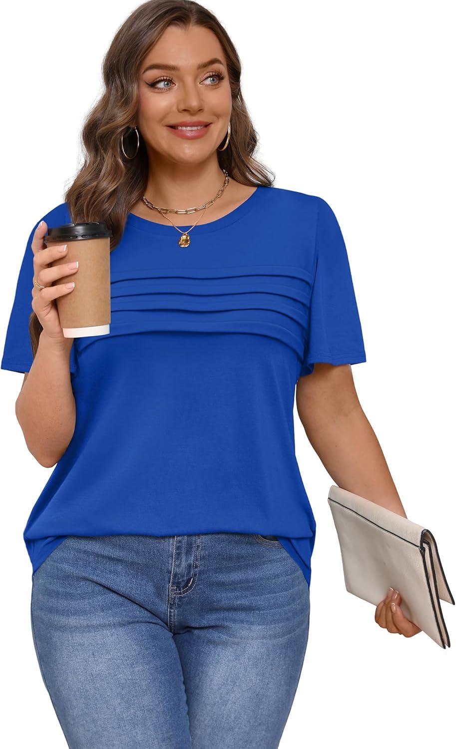 imageXIEERDUO Womens Pleated Tops Dressy Casual Short Sleeve Shirts Fashion Blouses Loose Curved Hem Long Tunic S3XLRoyal Blue
