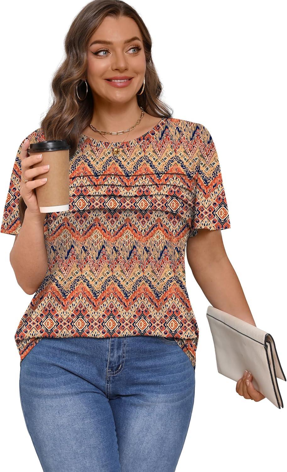 imageXIEERDUO Womens Pleated Tops Dressy Casual Short Sleeve Shirts Fashion Blouses Loose Curved Hem Long Tunic S3XLZ Boho Floral