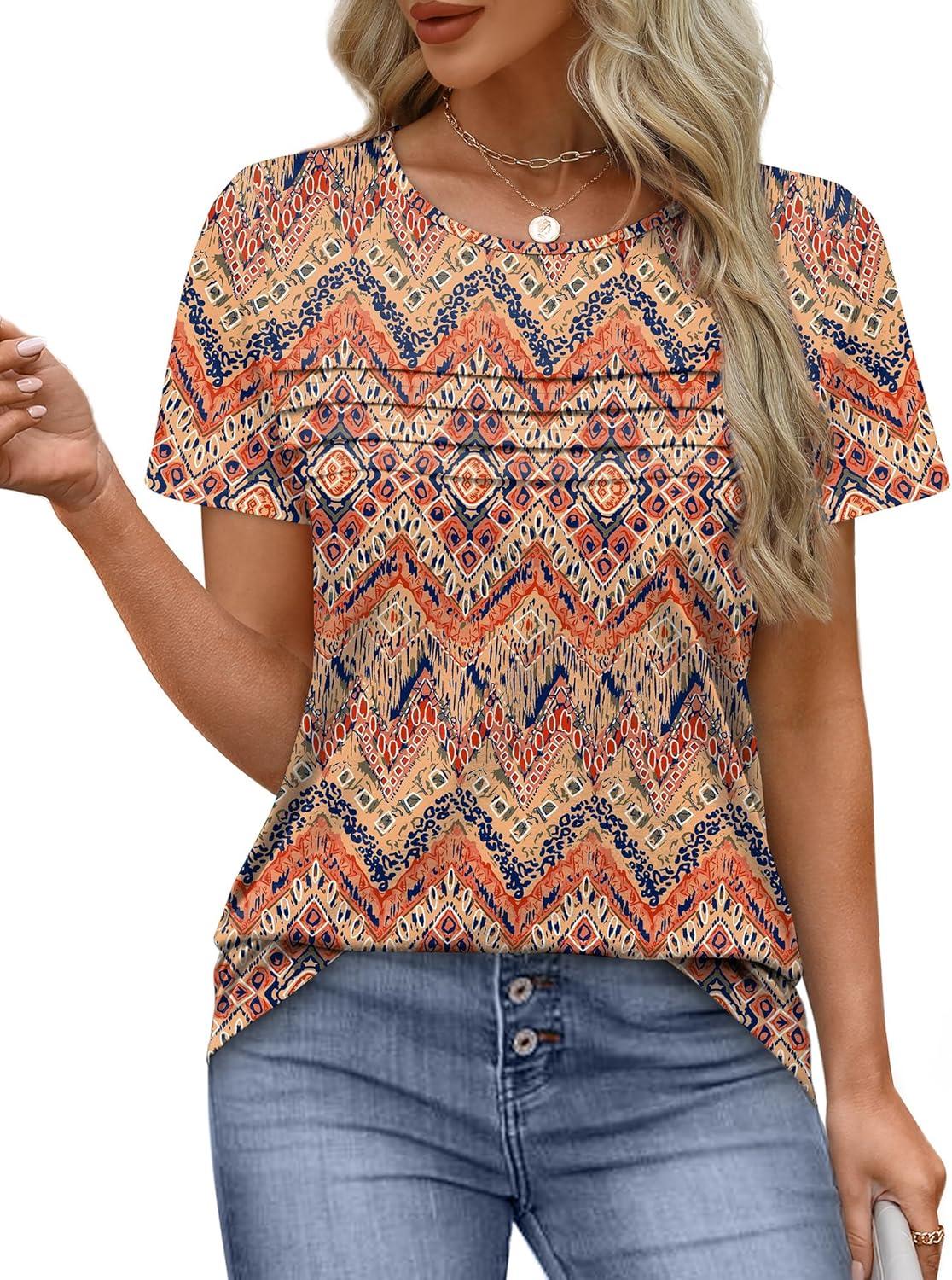 imageXIEERDUO Womens Pleated Tops Dressy Casual Short Sleeve Shirts Fashion Blouses Loose Curved Hem Long Tunic S3XLZ Boho Floral