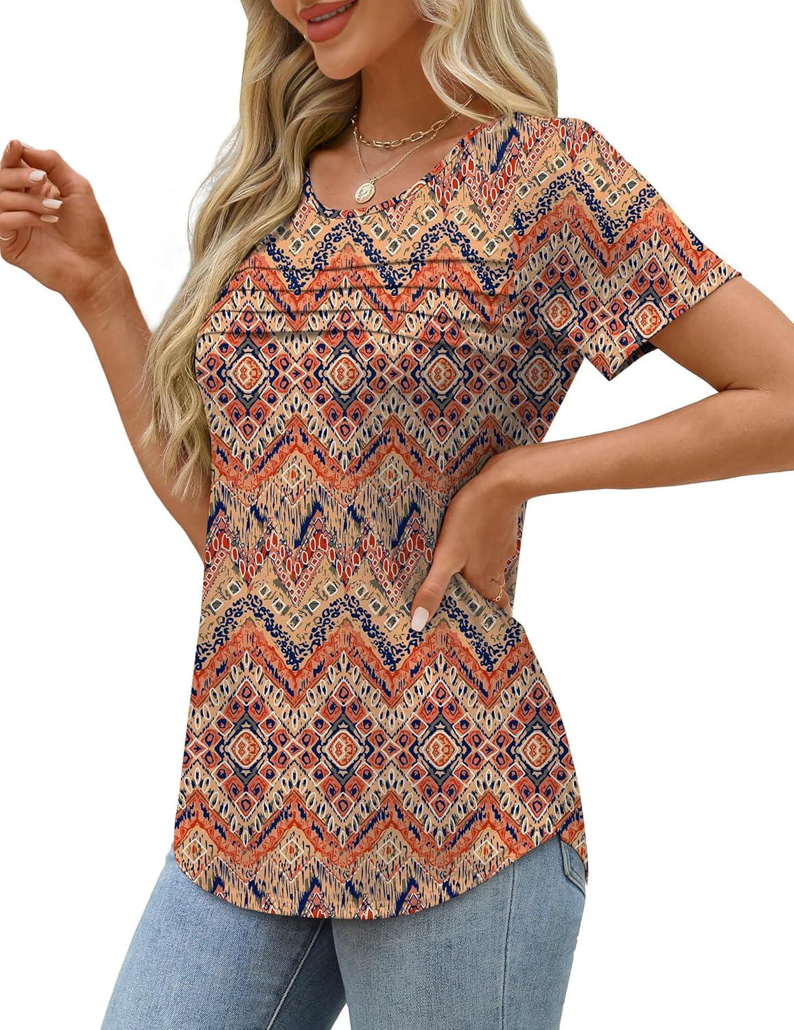 imageXIEERDUO Womens Pleated Tops Dressy Casual Short Sleeve Shirts Fashion Blouses Loose Curved Hem Long Tunic S3XLZ Boho Floral