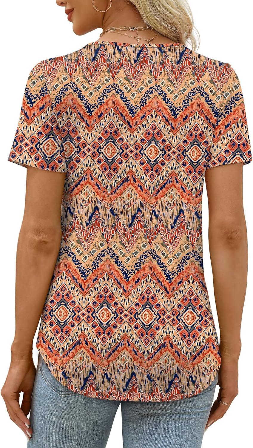 imageXIEERDUO Womens Pleated Tops Dressy Casual Short Sleeve Shirts Fashion Blouses Loose Curved Hem Long Tunic S3XLZ Boho Floral