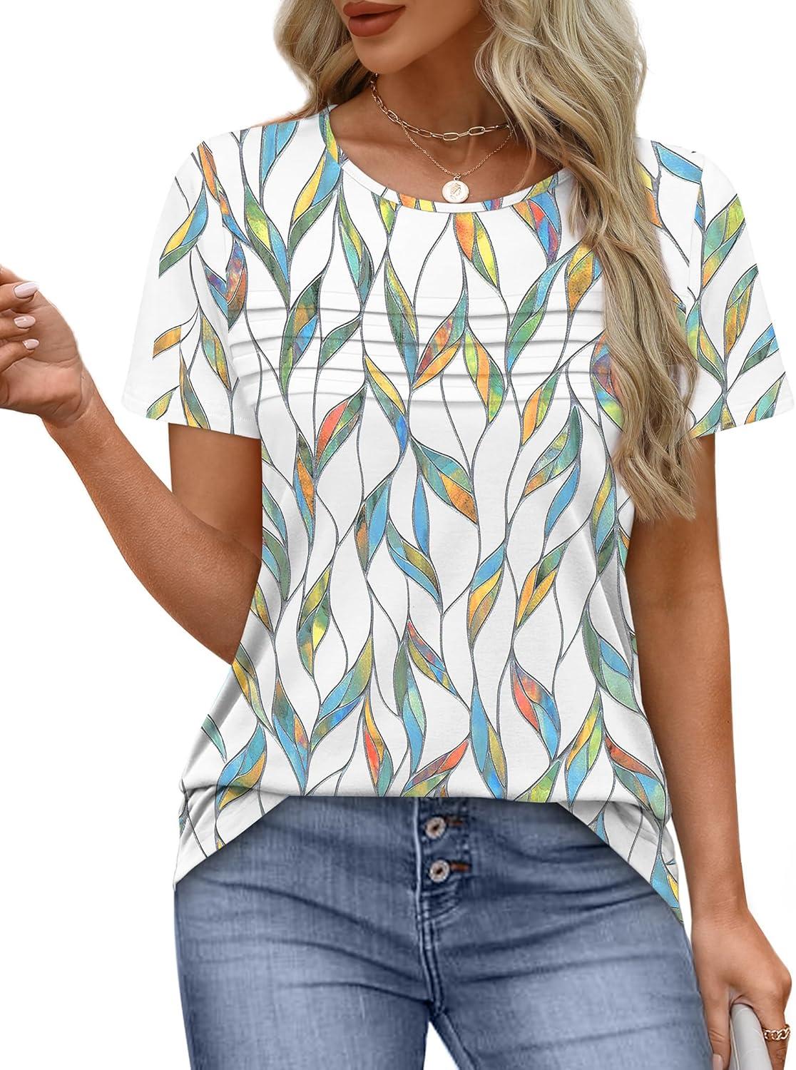 imageXIEERDUO Womens Pleated Tops Dressy Casual Short Sleeve Shirts Fashion Blouses Loose Curved Hem Long Tunic S3XLZ Floral Leaf