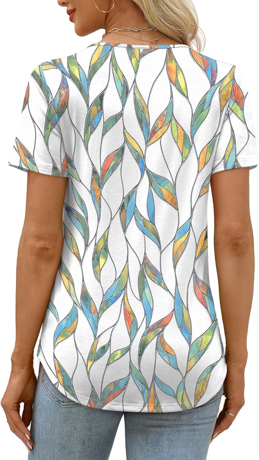 imageXIEERDUO Womens Pleated Tops Dressy Casual Short Sleeve Shirts Fashion Blouses Loose Curved Hem Long Tunic S3XLZ Floral Leaf