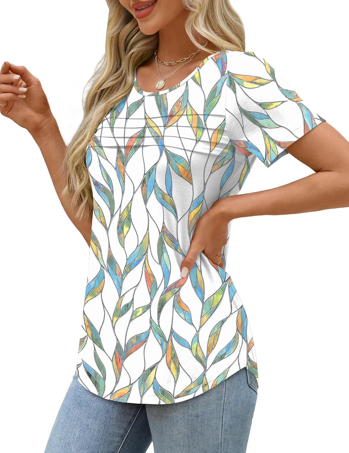 imageXIEERDUO Womens Pleated Tops Dressy Casual Short Sleeve Shirts Fashion Blouses Loose Curved Hem Long Tunic S3XLZ Floral Leaf