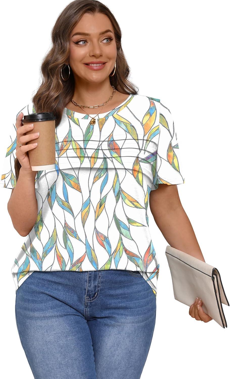 imageXIEERDUO Womens Pleated Tops Dressy Casual Short Sleeve Shirts Fashion Blouses Loose Curved Hem Long Tunic S3XLZ Floral Leaf