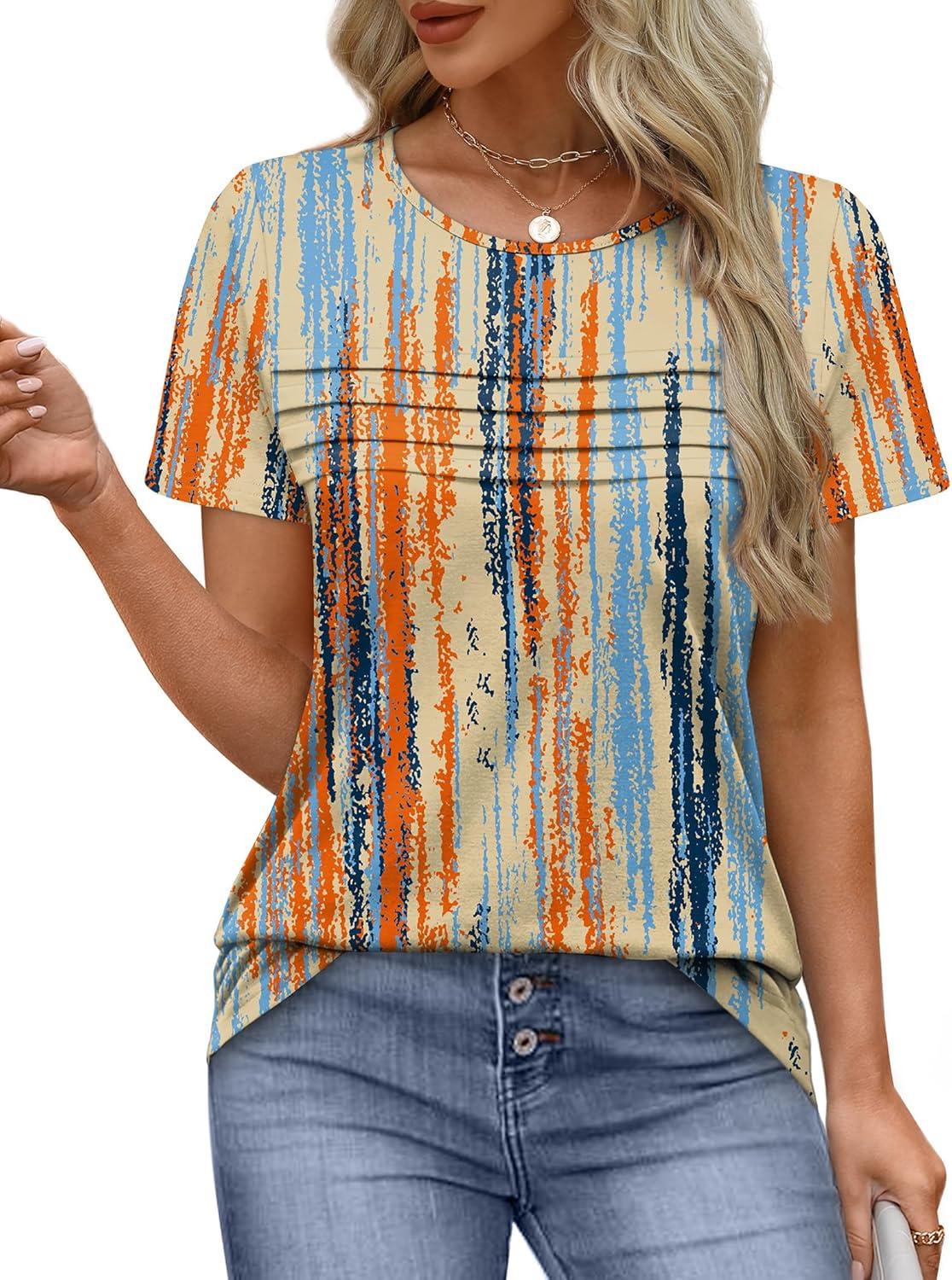 imageXIEERDUO Womens Pleated Tops Dressy Casual Short Sleeve Shirts Fashion Blouses Loose Curved Hem Long Tunic S3XLZ Multicolor