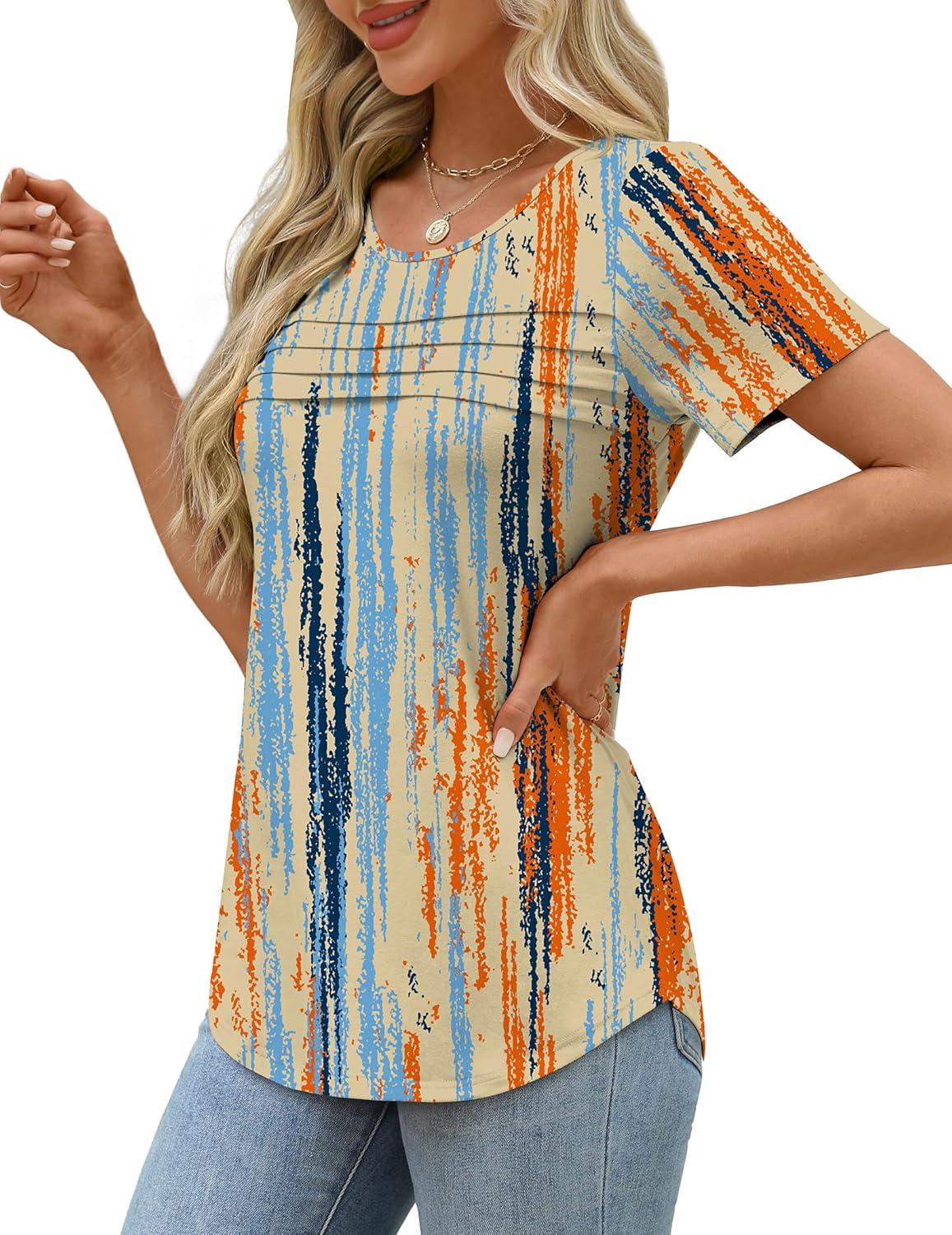 imageXIEERDUO Womens Pleated Tops Dressy Casual Short Sleeve Shirts Fashion Blouses Loose Curved Hem Long Tunic S3XLZ Multicolor