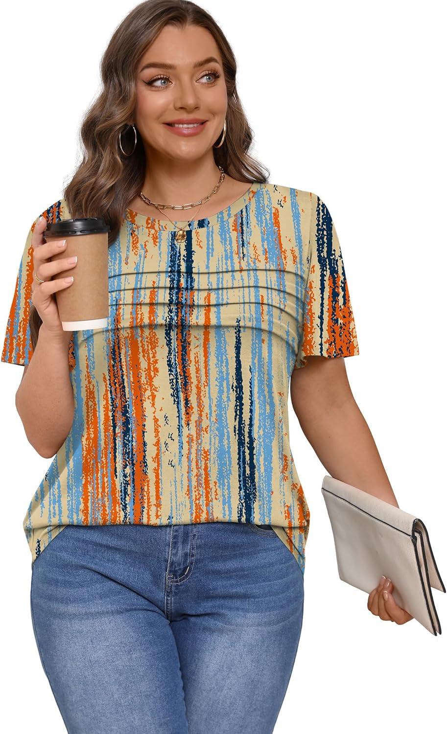 imageXIEERDUO Womens Pleated Tops Dressy Casual Short Sleeve Shirts Fashion Blouses Loose Curved Hem Long Tunic S3XLZ Multicolor