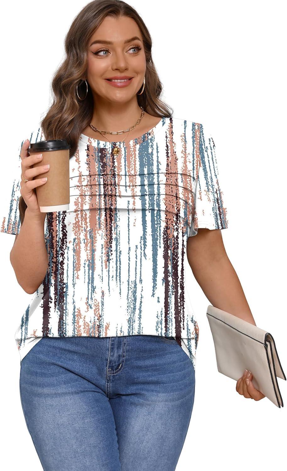 imageXIEERDUO Womens Pleated Tops Dressy Casual Short Sleeve Shirts Fashion Blouses Loose Curved Hem Long Tunic S3XLZ Tie Dye Multi