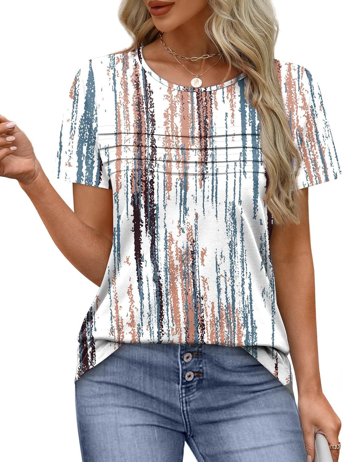 imageXIEERDUO Womens Pleated Tops Dressy Casual Short Sleeve Shirts Fashion Blouses Loose Curved Hem Long Tunic S3XLZ Tie Dye Multi