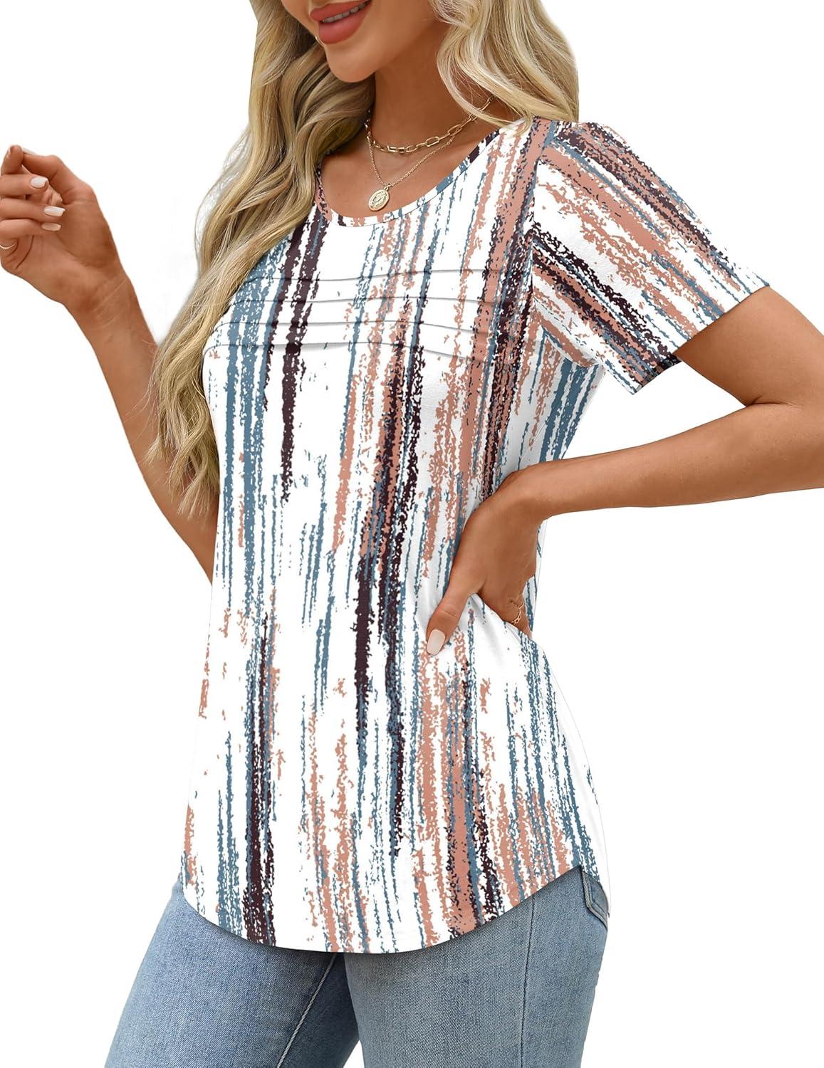 imageXIEERDUO Womens Pleated Tops Dressy Casual Short Sleeve Shirts Fashion Blouses Loose Curved Hem Long Tunic S3XLZ Tie Dye Multi