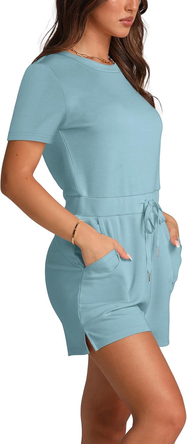 imageXIEERDUO Womens Rompers for Summer 2024 Jumpsuits Loose Solid Short Sleeve Romper Jumpers for Women Casual Water Blue M