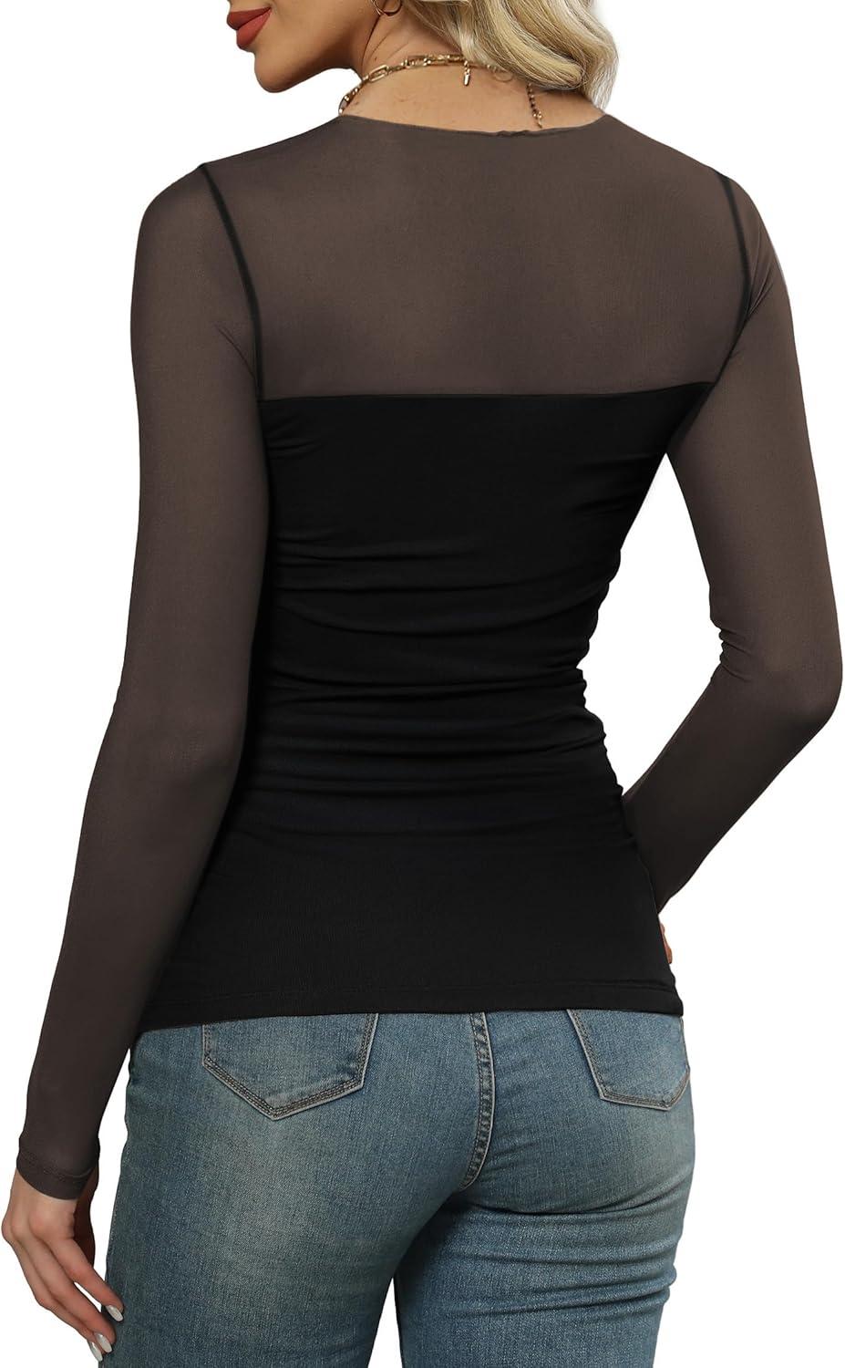 imageXIEERDUO Womens Sexy Sheer Long Sleeve Tops Crew Neck Mesh Ruched Going Out Shirts Blouse Date Night OutfitsA Mesh Black