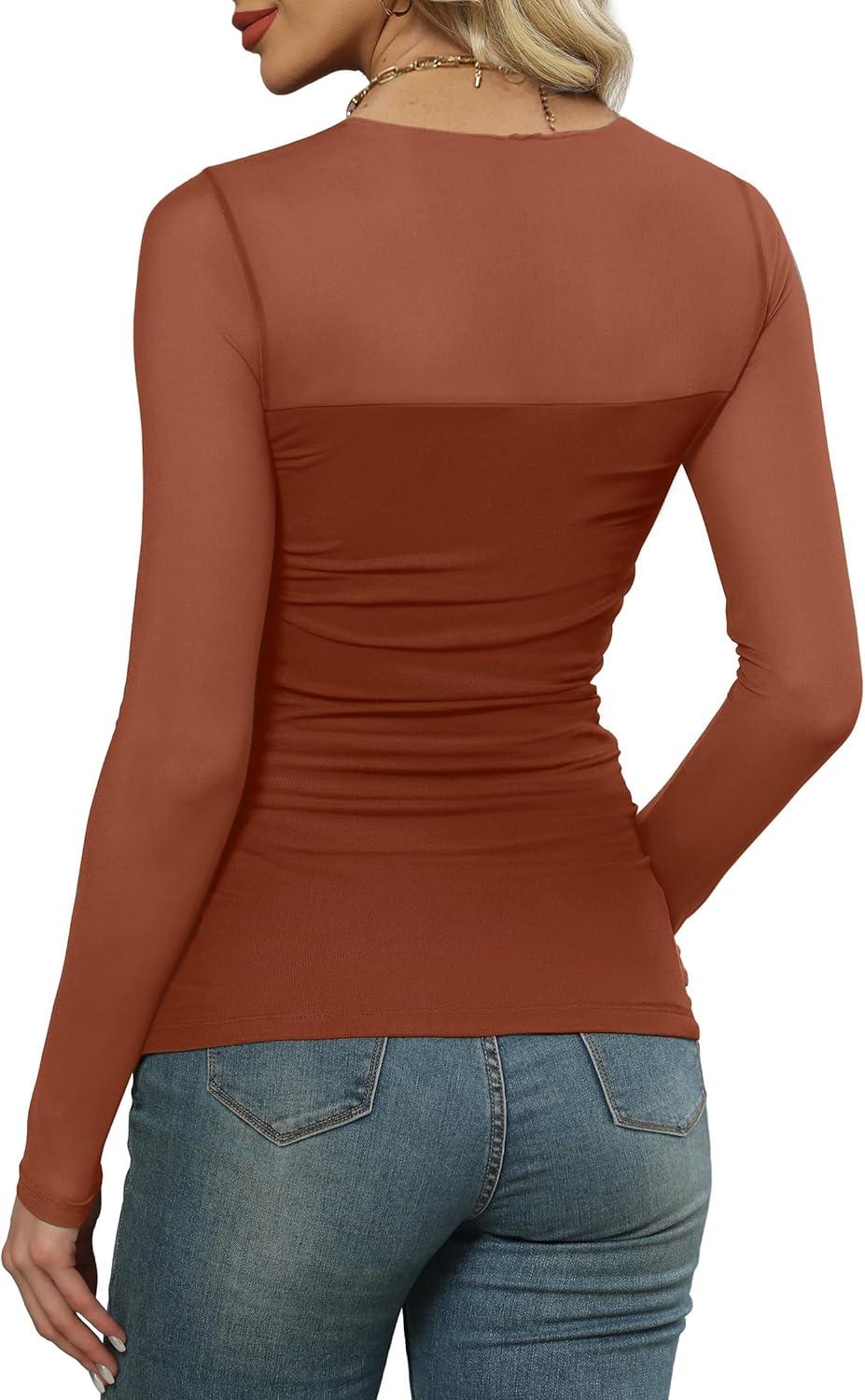 imageXIEERDUO Womens Sexy Sheer Long Sleeve Tops Crew Neck Mesh Ruched Going Out Shirts Blouse Date Night OutfitsCaramel Mesh