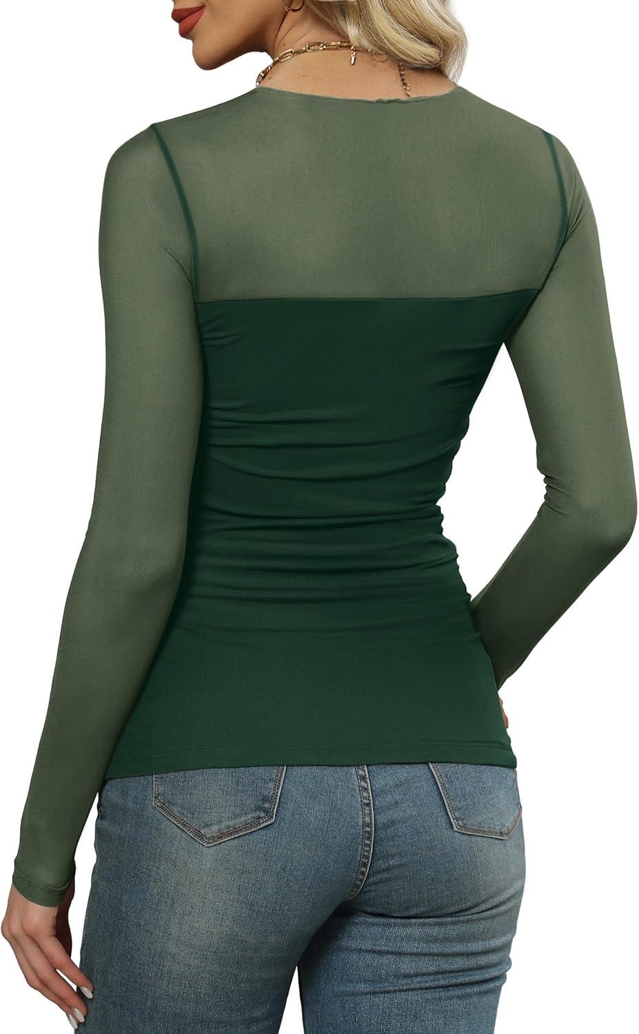 imageXIEERDUO Womens Sexy Sheer Long Sleeve Tops Crew Neck Mesh Ruched Going Out Shirts Blouse Date Night OutfitsMesh Green