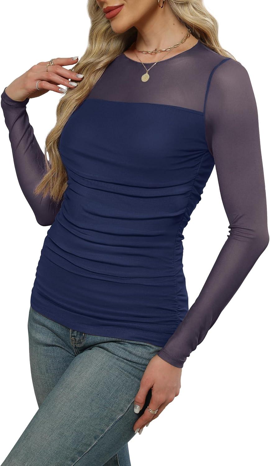 imageXIEERDUO Womens Sexy Sheer Long Sleeve Tops Crew Neck Mesh Ruched Going Out Shirts Blouse Date Night OutfitsMesh Navy