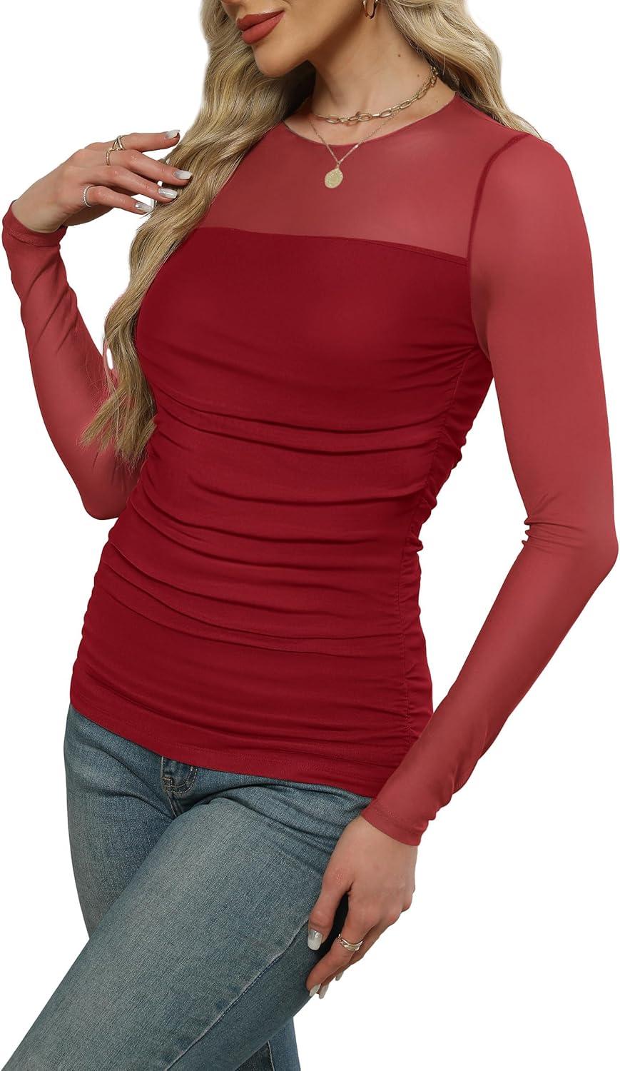 imageXIEERDUO Womens Sexy Sheer Long Sleeve Tops Crew Neck Mesh Ruched Going Out Shirts Blouse Date Night OutfitsMesh Red