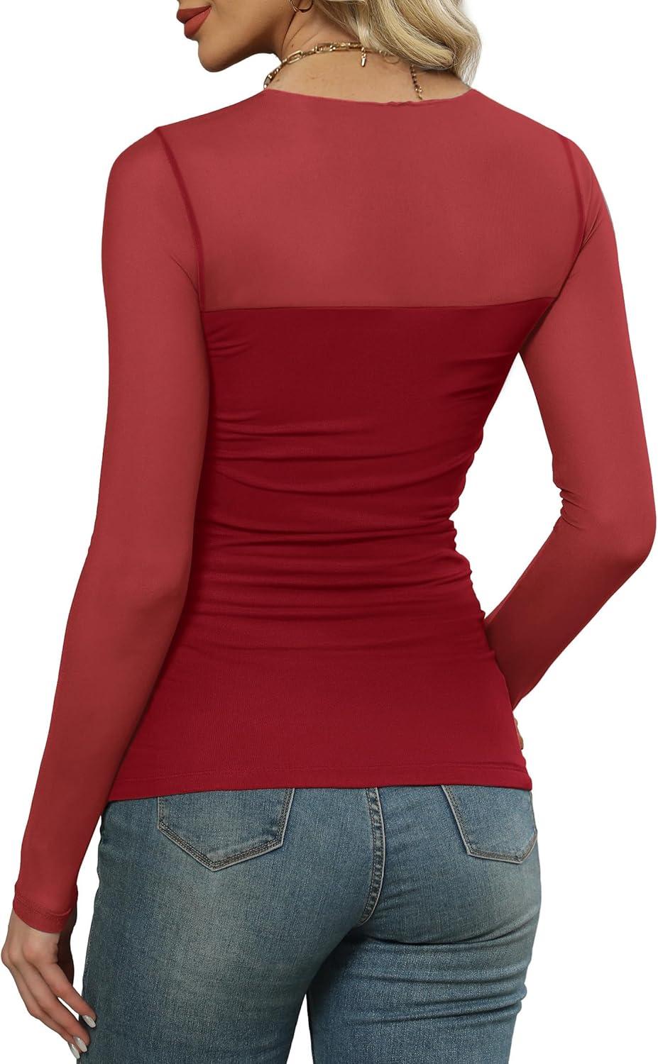 imageXIEERDUO Womens Sexy Sheer Long Sleeve Tops Crew Neck Mesh Ruched Going Out Shirts Blouse Date Night OutfitsMesh Red