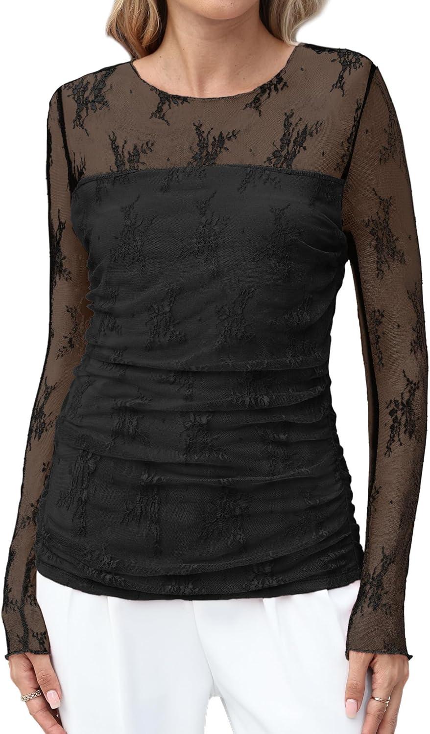 imageXIEERDUO Womens Sexy Sheer Long Sleeve Tops Crew Neck Mesh Ruched Going Out Shirts Blouse Date Night OutfitsZ Lace Black
