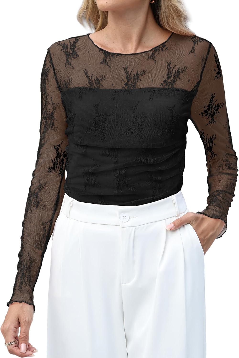imageXIEERDUO Womens Sexy Sheer Long Sleeve Tops Crew Neck Mesh Ruched Going Out Shirts Blouse Date Night OutfitsZ Lace Black