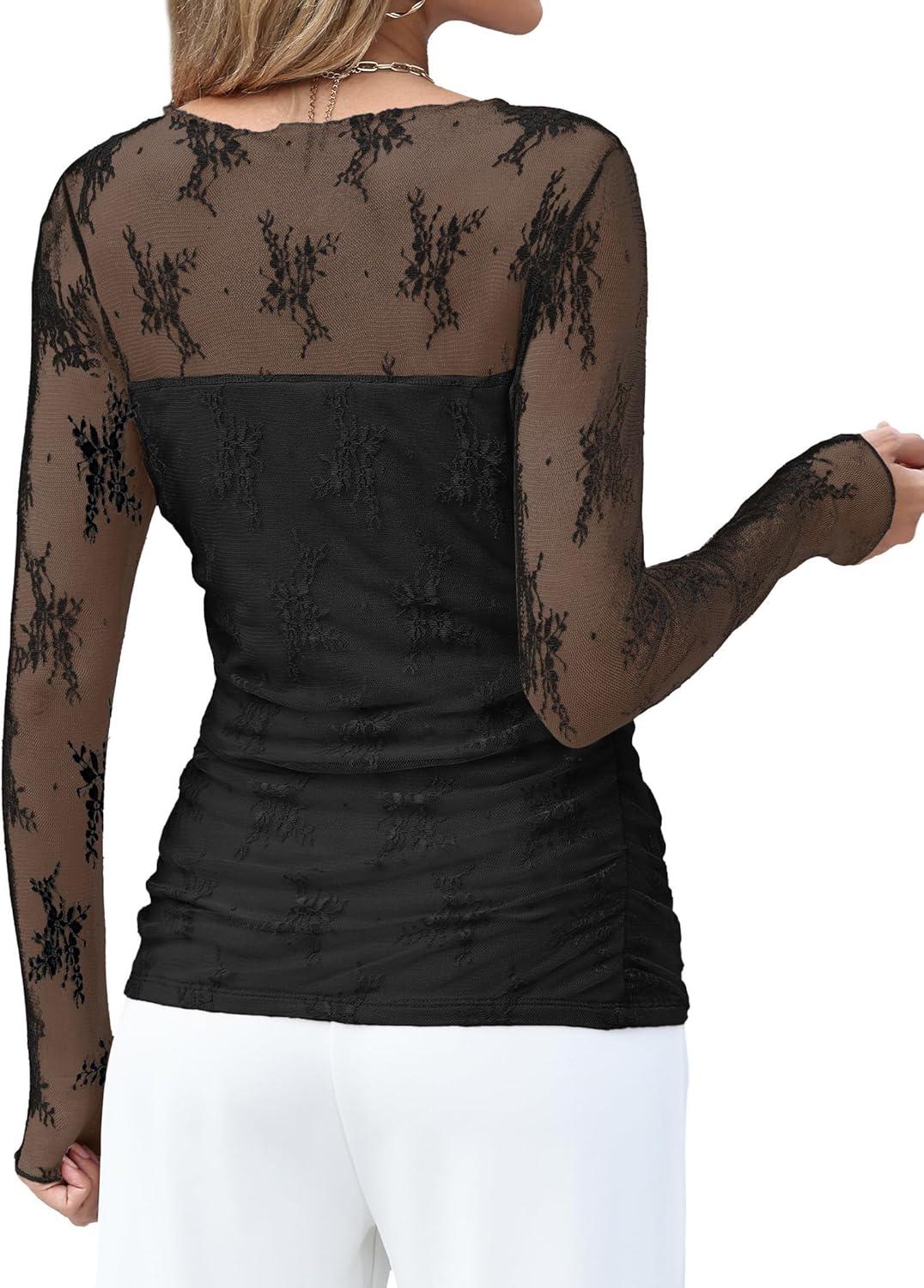 imageXIEERDUO Womens Sexy Sheer Long Sleeve Tops Crew Neck Mesh Ruched Going Out Shirts Blouse Date Night OutfitsZ Lace Black