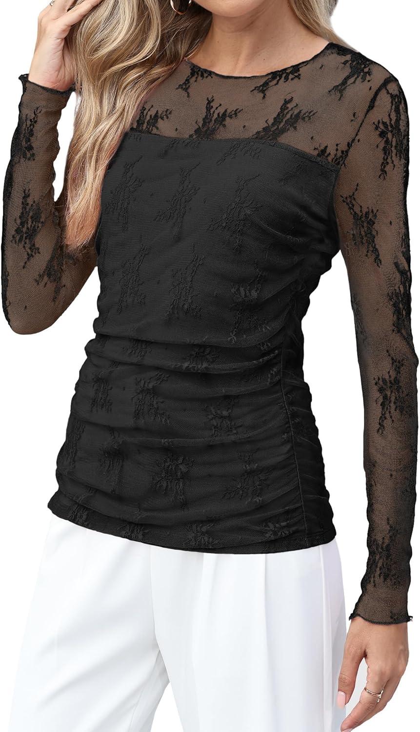 imageXIEERDUO Womens Sexy Sheer Long Sleeve Tops Crew Neck Mesh Ruched Going Out Shirts Blouse Date Night OutfitsZ Lace Black