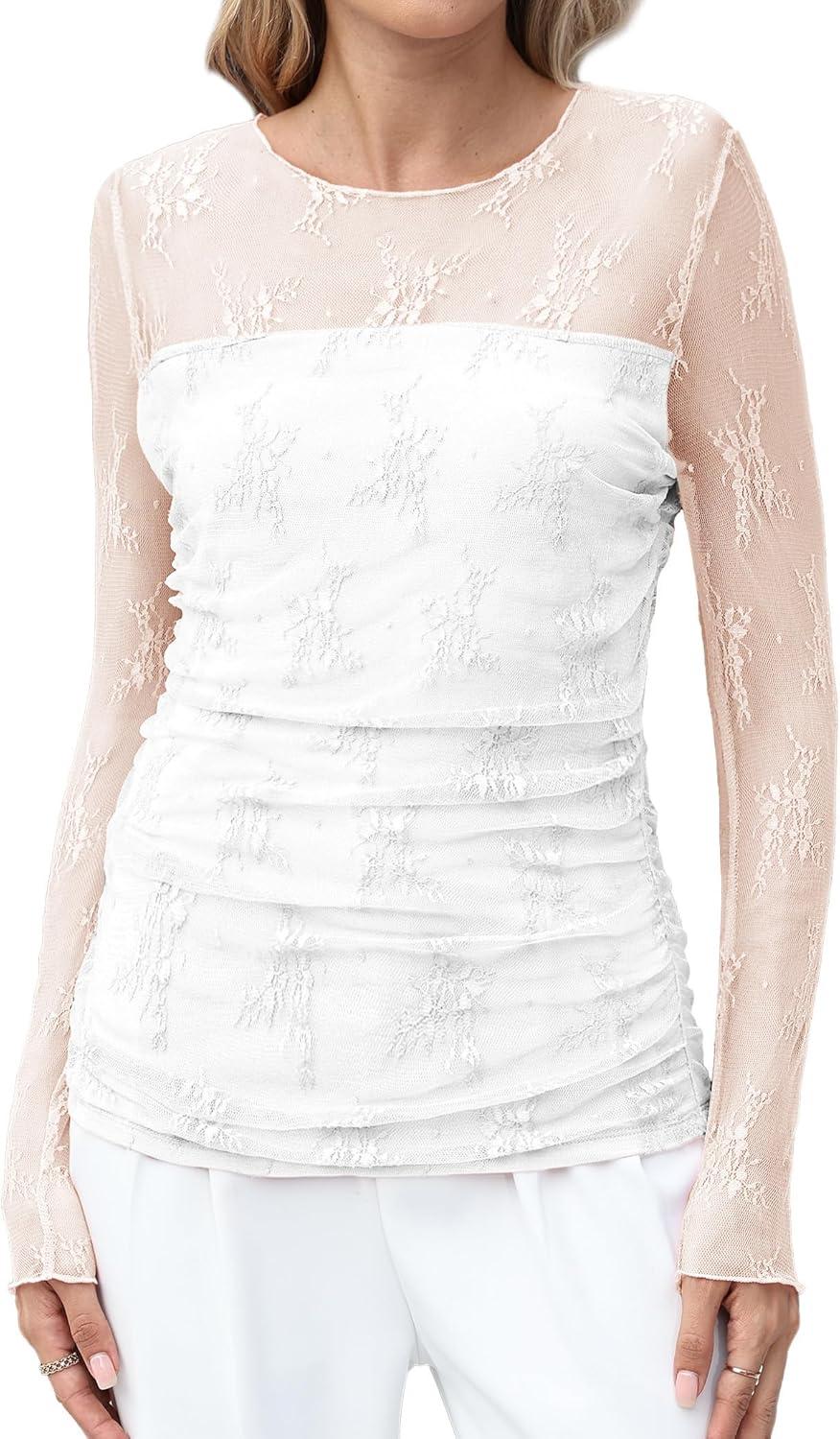 imageXIEERDUO Womens Sexy Sheer Long Sleeve Tops Crew Neck Mesh Ruched Going Out Shirts Blouse Date Night OutfitsZ Lace White