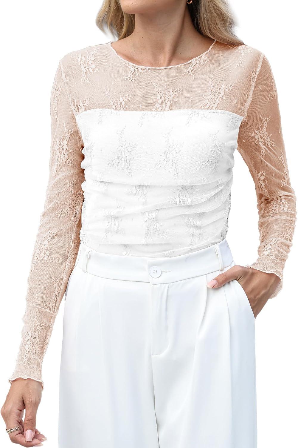 imageXIEERDUO Womens Sexy Sheer Long Sleeve Tops Crew Neck Mesh Ruched Going Out Shirts Blouse Date Night OutfitsZ Lace White