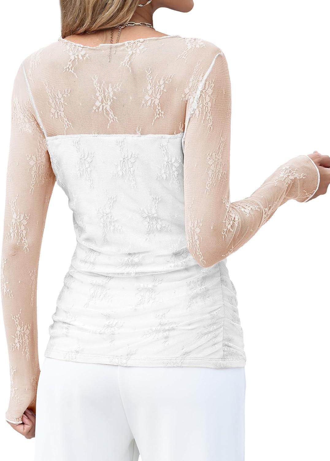 imageXIEERDUO Womens Sexy Sheer Long Sleeve Tops Crew Neck Mesh Ruched Going Out Shirts Blouse Date Night OutfitsZ Lace White
