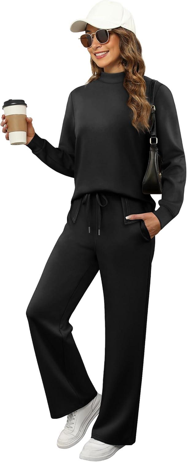 imageXIEERDUO Womens Side Slit Lounge Sets 2 Piece Outfits Mock Neck Tracksuit Fashion Sweatsuit Wide Leg Loungewear S3XLA Black