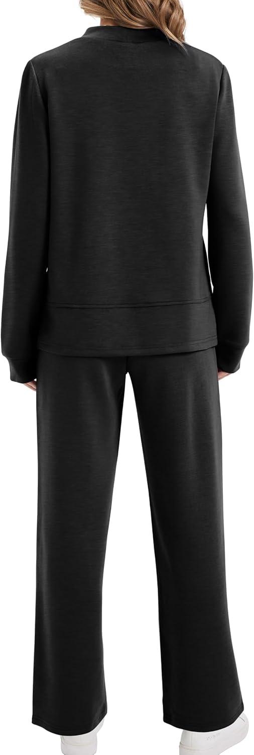 imageXIEERDUO Womens Side Slit Lounge Sets 2 Piece Outfits Mock Neck Tracksuit Fashion Sweatsuit Wide Leg Loungewear S3XLA Black