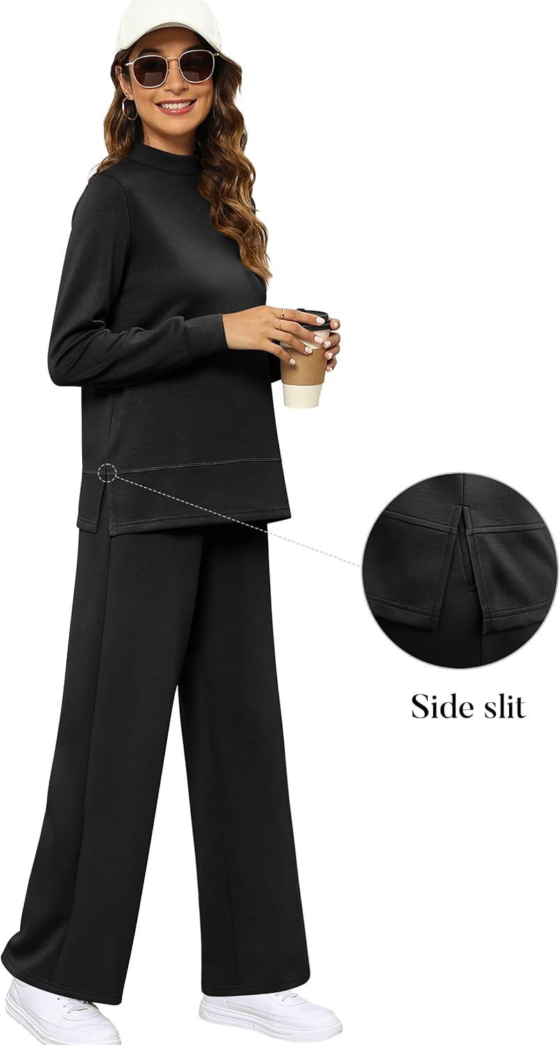 imageXIEERDUO Womens Side Slit Lounge Sets 2 Piece Outfits Mock Neck Tracksuit Fashion Sweatsuit Wide Leg Loungewear S3XLA Black