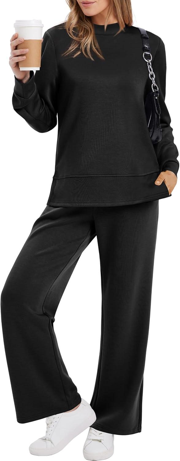 imageXIEERDUO Womens Side Slit Lounge Sets 2 Piece Outfits Mock Neck Tracksuit Fashion Sweatsuit Wide Leg Loungewear S3XLA Black