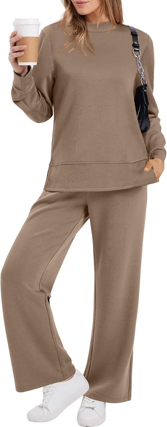 imageXIEERDUO Womens Side Slit Lounge Sets 2 Piece Outfits Mock Neck Tracksuit Fashion Sweatsuit Wide Leg Loungewear S3XLA Khaki