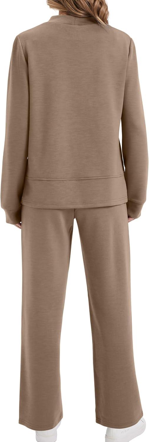 imageXIEERDUO Womens Side Slit Lounge Sets 2 Piece Outfits Mock Neck Tracksuit Fashion Sweatsuit Wide Leg Loungewear S3XLA Khaki