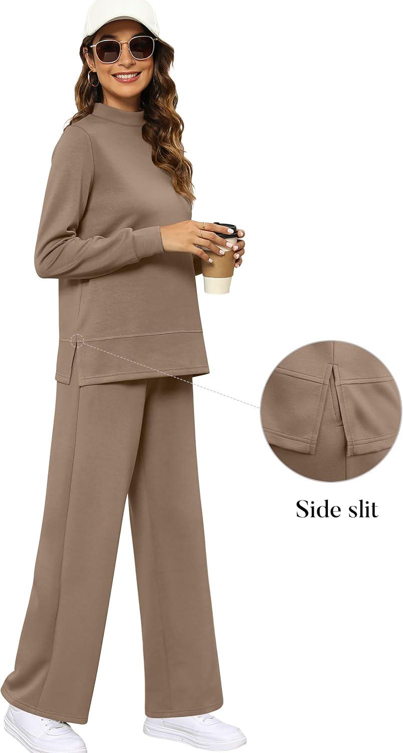 imageXIEERDUO Womens Side Slit Lounge Sets 2 Piece Outfits Mock Neck Tracksuit Fashion Sweatsuit Wide Leg Loungewear S3XLA Khaki