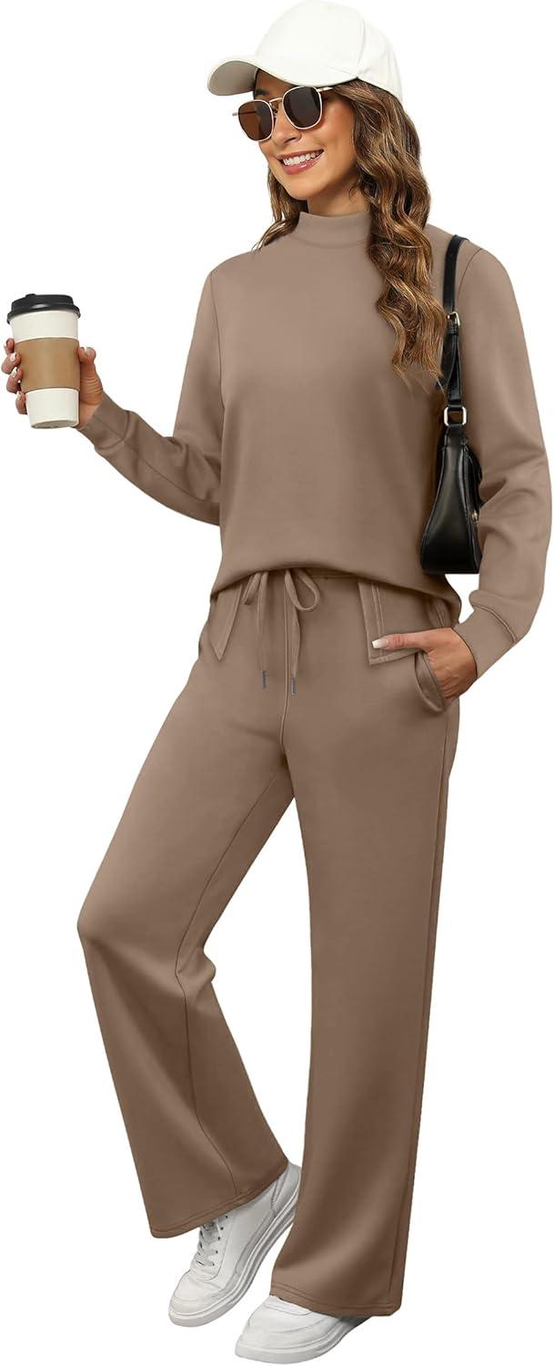 imageXIEERDUO Womens Side Slit Lounge Sets 2 Piece Outfits Mock Neck Tracksuit Fashion Sweatsuit Wide Leg Loungewear S3XLA Khaki