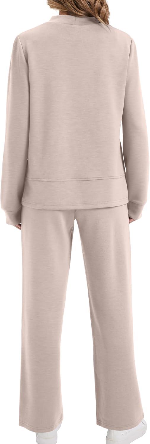 imageXIEERDUO Womens Side Slit Lounge Sets 2 Piece Outfits Mock Neck Tracksuit Fashion Sweatsuit Wide Leg Loungewear S3XLApricot