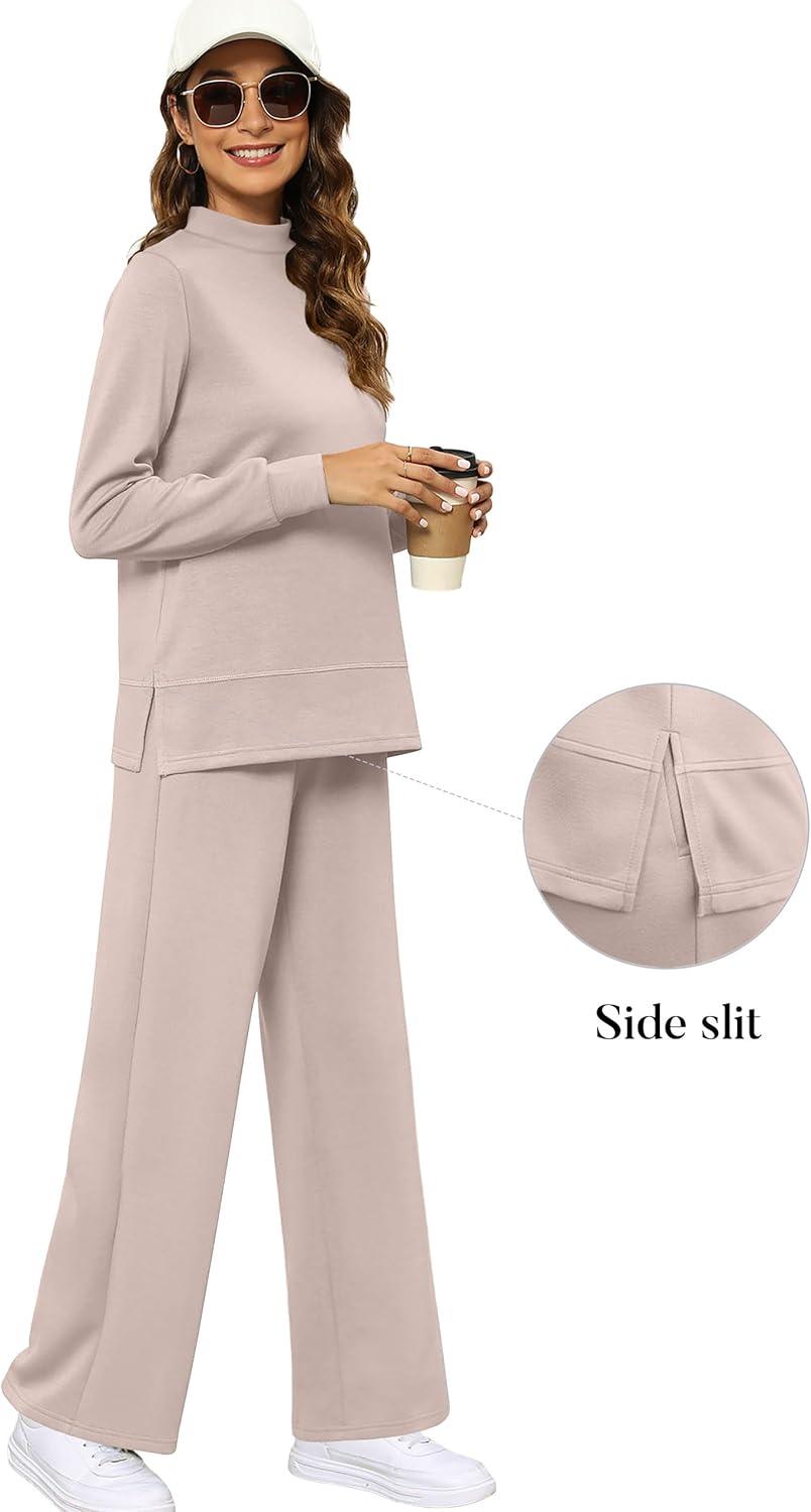 imageXIEERDUO Womens Side Slit Lounge Sets 2 Piece Outfits Mock Neck Tracksuit Fashion Sweatsuit Wide Leg Loungewear S3XLApricot