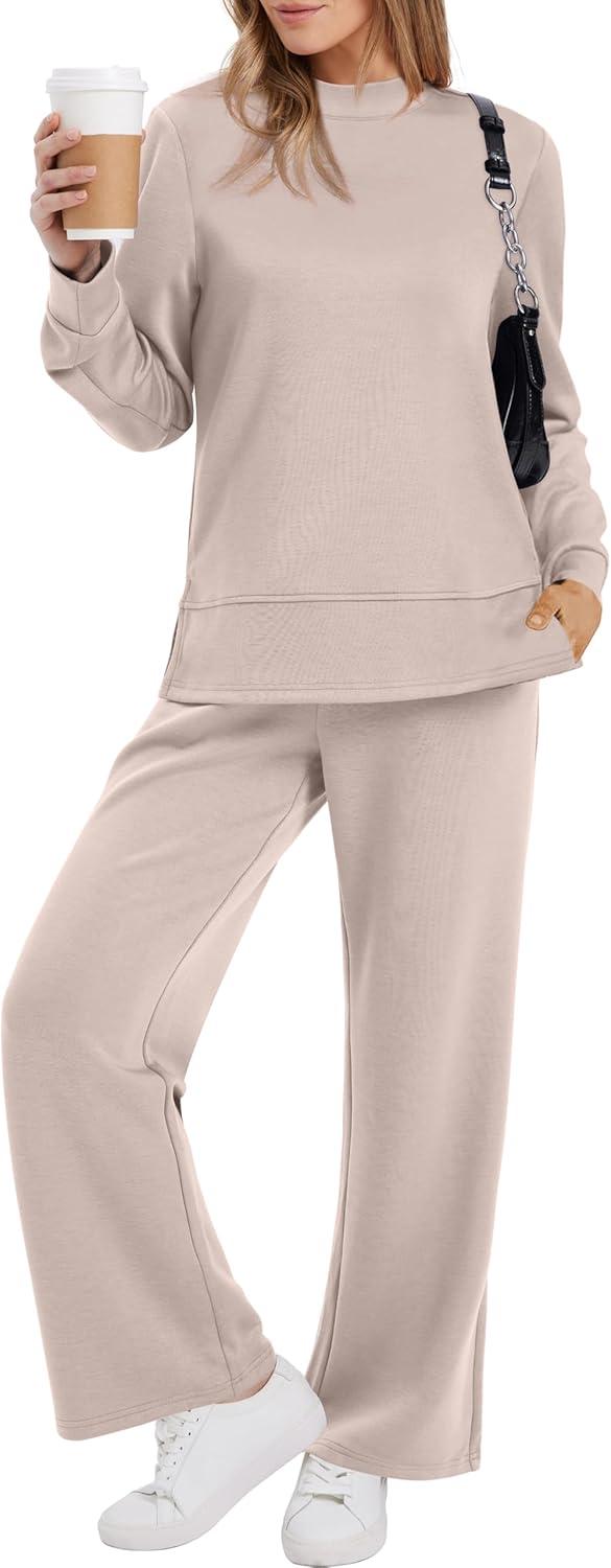 imageXIEERDUO Womens Side Slit Lounge Sets 2 Piece Outfits Mock Neck Tracksuit Fashion Sweatsuit Wide Leg Loungewear S3XLApricot