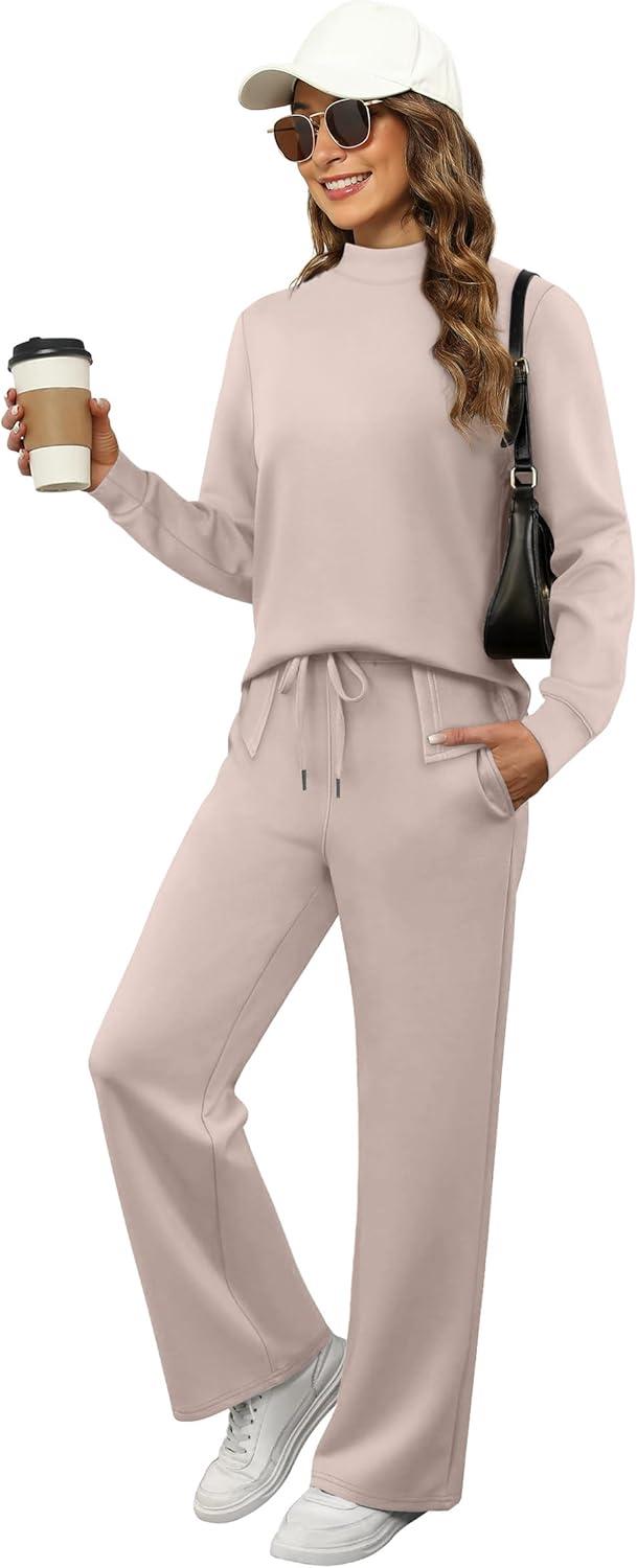 imageXIEERDUO Womens Side Slit Lounge Sets 2 Piece Outfits Mock Neck Tracksuit Fashion Sweatsuit Wide Leg Loungewear S3XLApricot