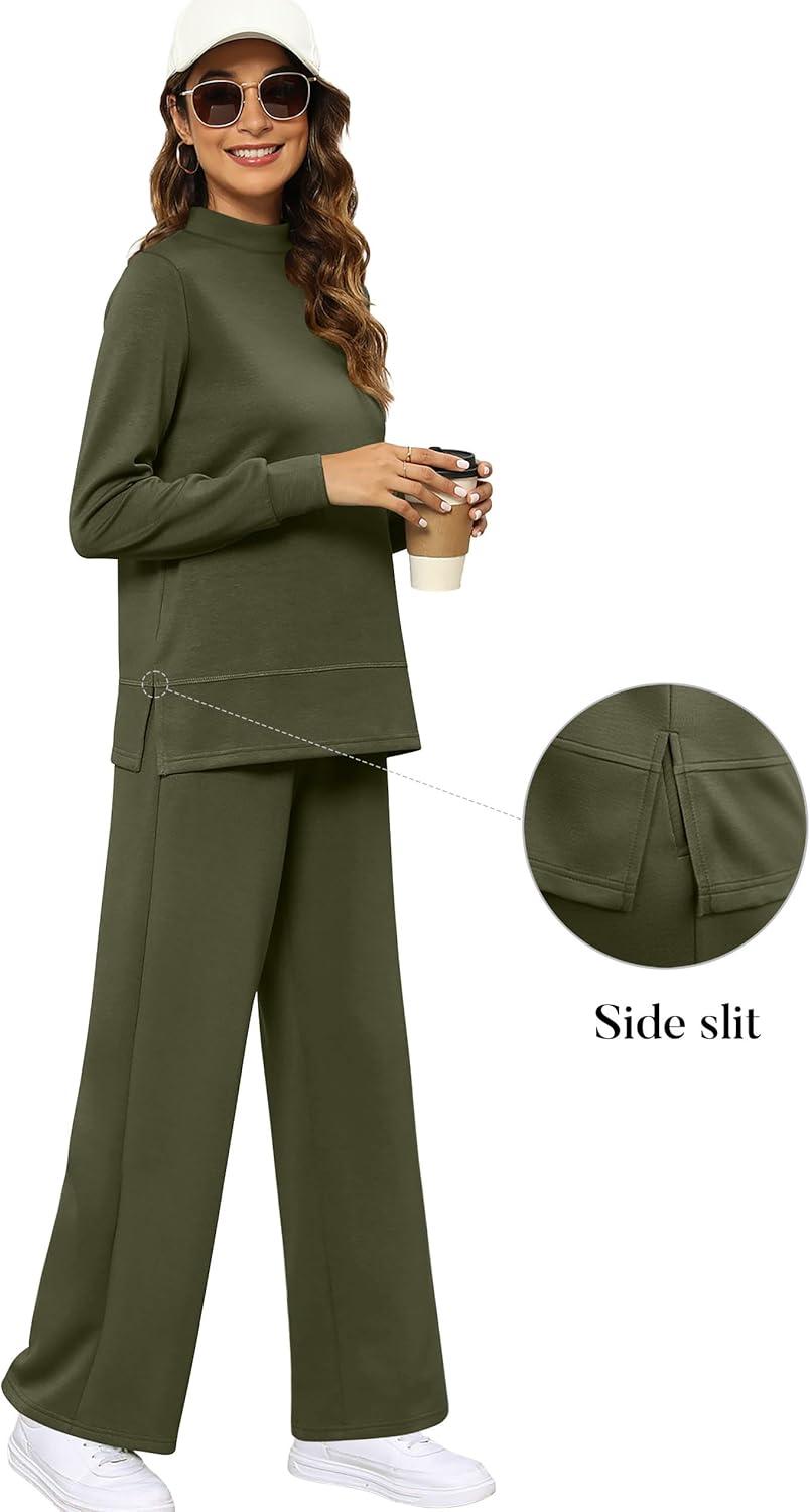 imageXIEERDUO Womens Side Slit Lounge Sets 2 Piece Outfits Mock Neck Tracksuit Fashion Sweatsuit Wide Leg Loungewear S3XLArmy Green