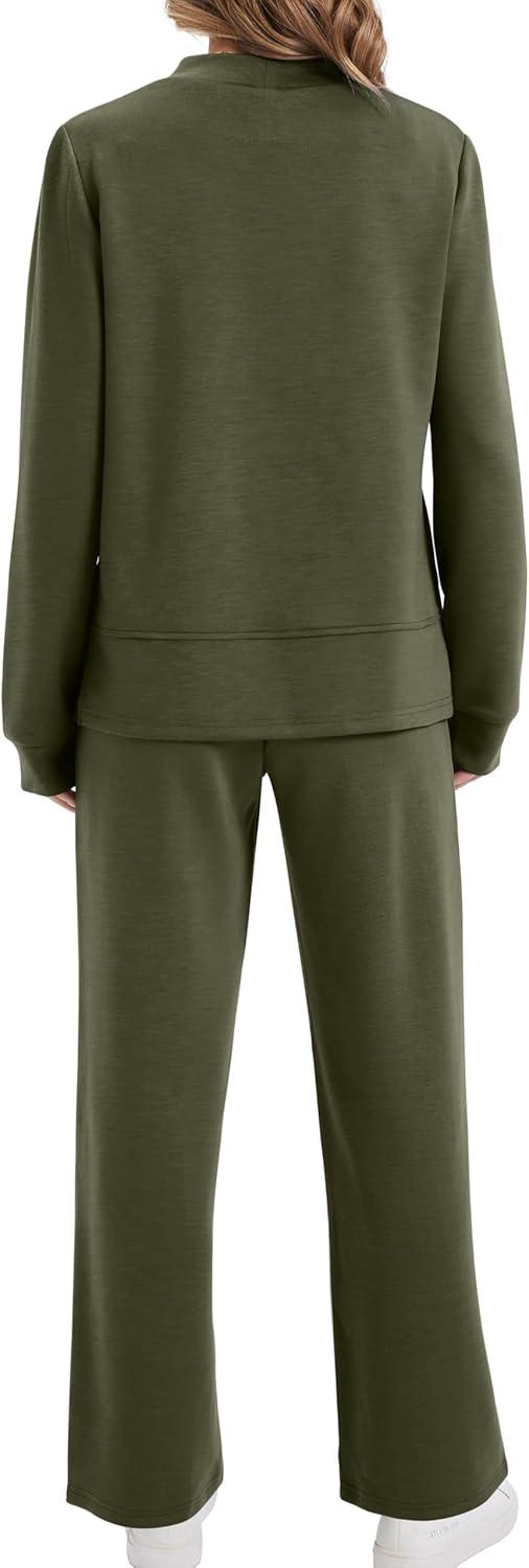 imageXIEERDUO Womens Side Slit Lounge Sets 2 Piece Outfits Mock Neck Tracksuit Fashion Sweatsuit Wide Leg Loungewear S3XLArmy Green