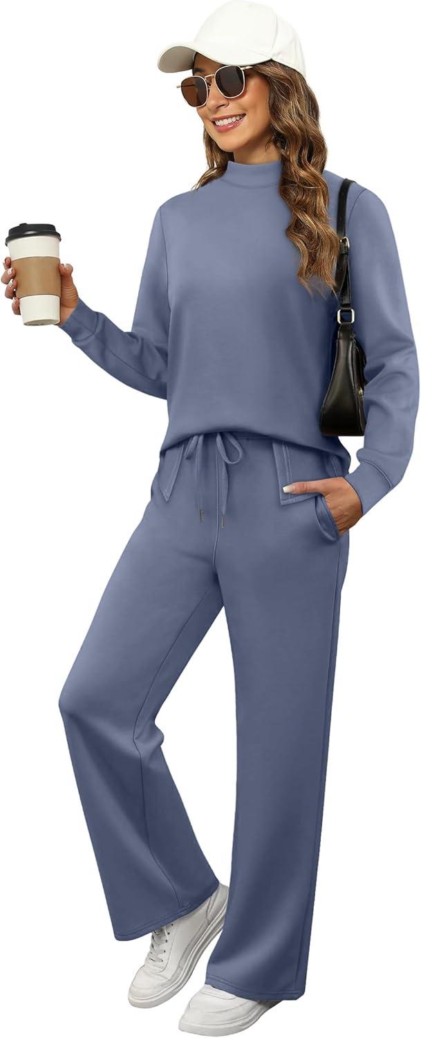 imageXIEERDUO Womens Side Slit Lounge Sets 2 Piece Outfits Mock Neck Tracksuit Fashion Sweatsuit Wide Leg Loungewear S3XLBlue