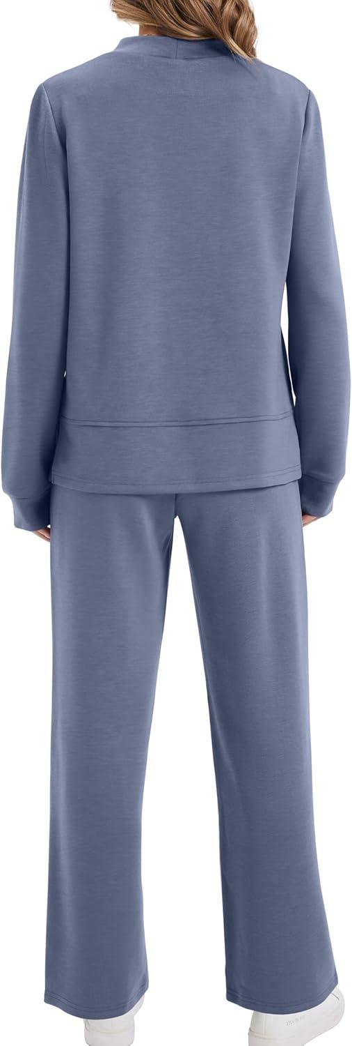 imageXIEERDUO Womens Side Slit Lounge Sets 2 Piece Outfits Mock Neck Tracksuit Fashion Sweatsuit Wide Leg Loungewear S3XLBlue