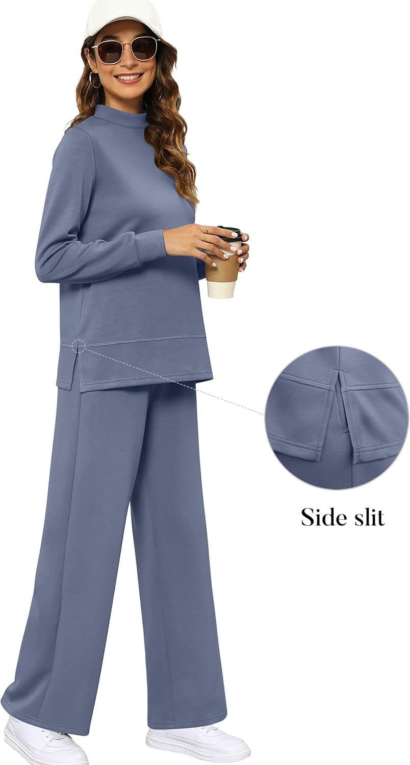imageXIEERDUO Womens Side Slit Lounge Sets 2 Piece Outfits Mock Neck Tracksuit Fashion Sweatsuit Wide Leg Loungewear S3XLBlue